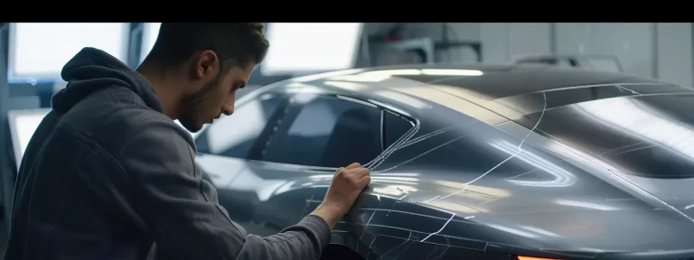 a skilled technician meticulously applying a transparent, glossy film onto a sleek, silver car to protect its paint from scratches and chips.